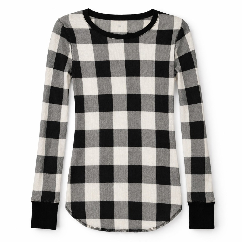 Old Navy Womens Tall Medium Buffalo Plaid Thermal Long Sleeve Shirt Black White
